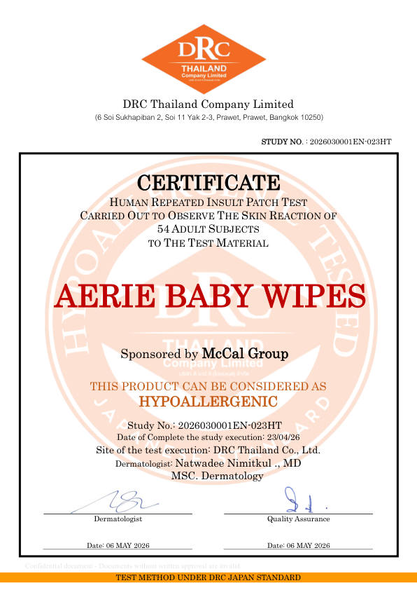 Hypoallergenic test certificate for Aerie Baby Wipes